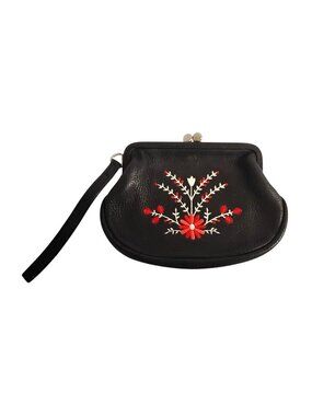 Womens Black Leather Flower Embroidery Change Purse Wristlet